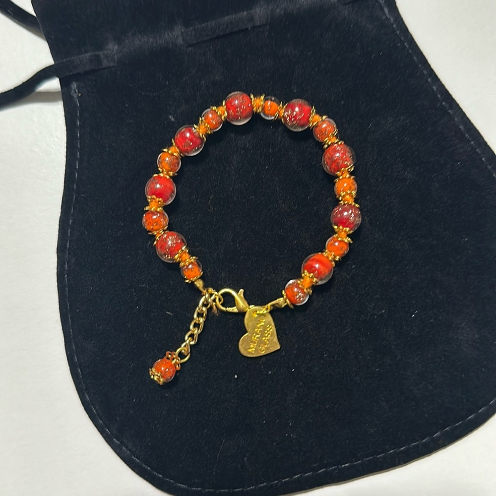 Murano Glass Handknotted Bracelet Red/Coral and Gold